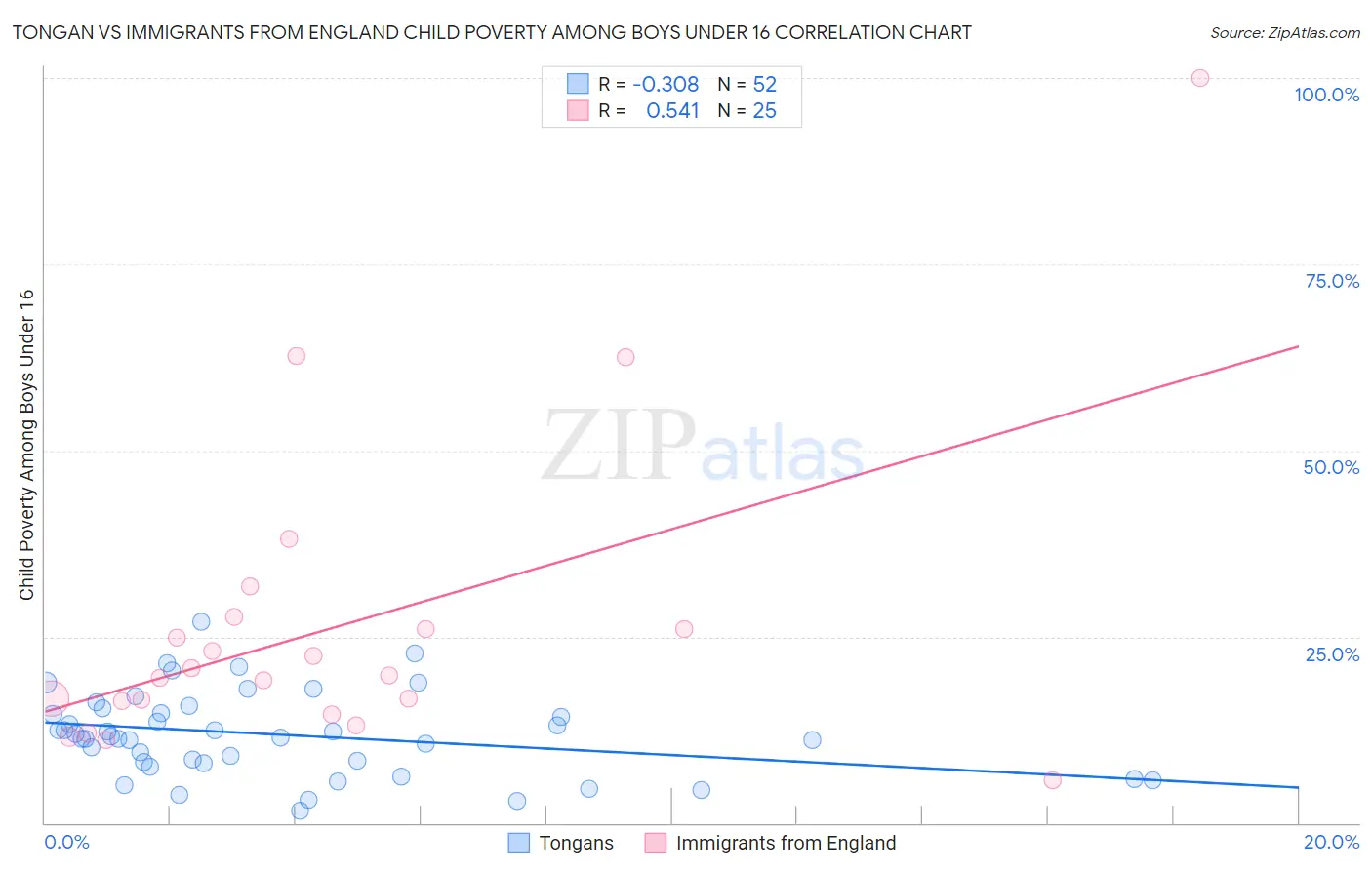 Tongan vs Immigrants from England Child Poverty Among Boys Under 16