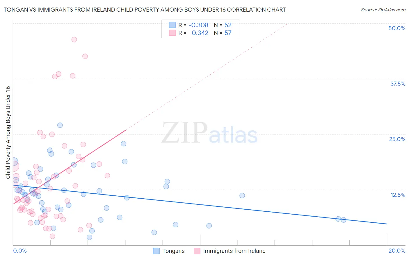 Tongan vs Immigrants from Ireland Child Poverty Among Boys Under 16