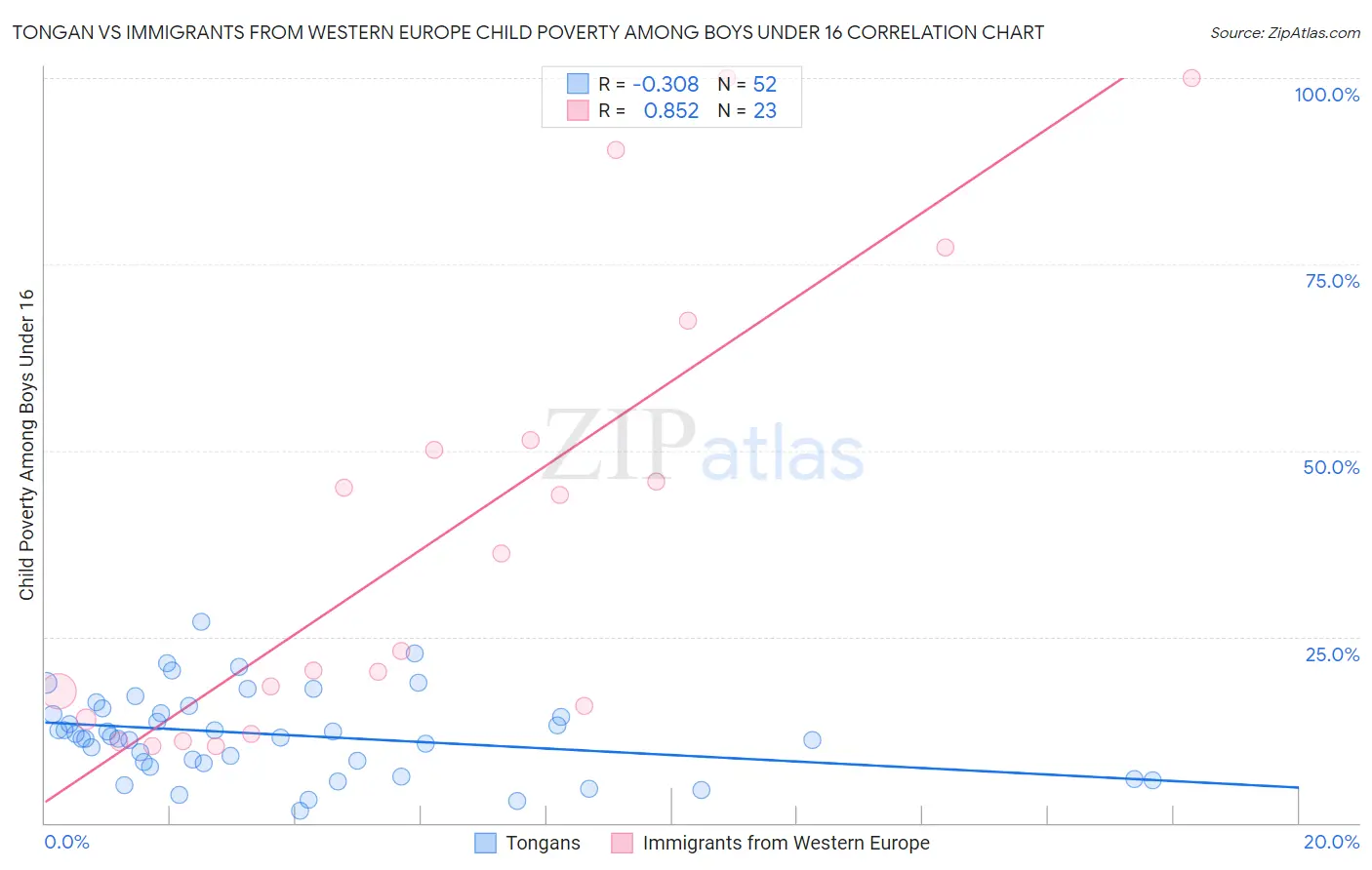 Tongan vs Immigrants from Western Europe Child Poverty Among Boys Under 16