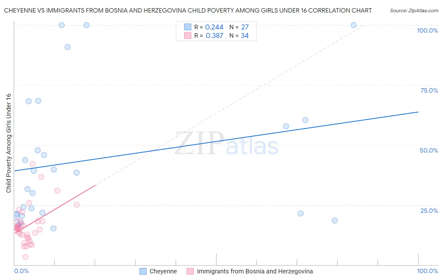 Cheyenne vs Immigrants from Bosnia and Herzegovina Child Poverty Among Girls Under 16