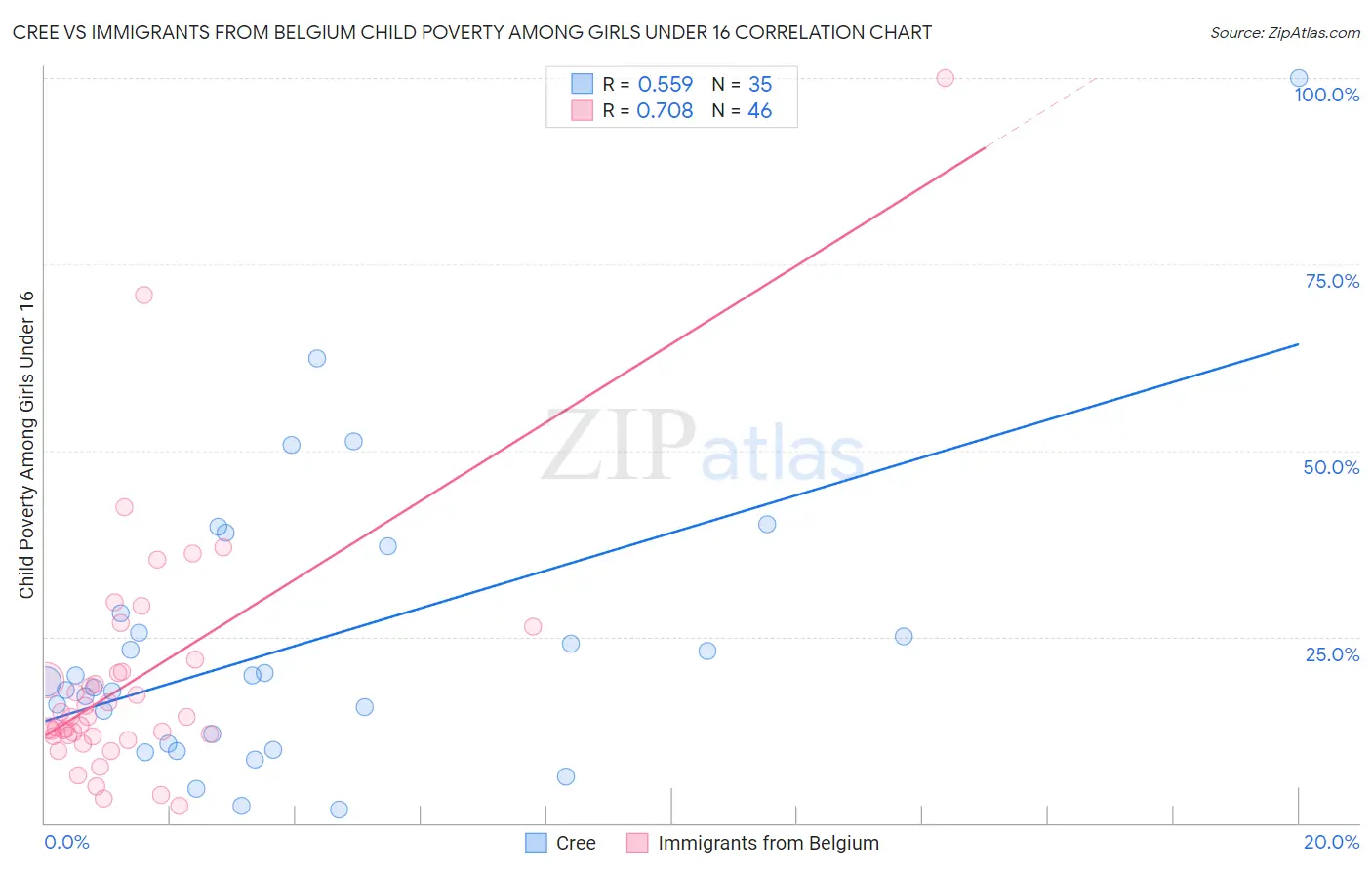 Cree vs Immigrants from Belgium Child Poverty Among Girls Under 16