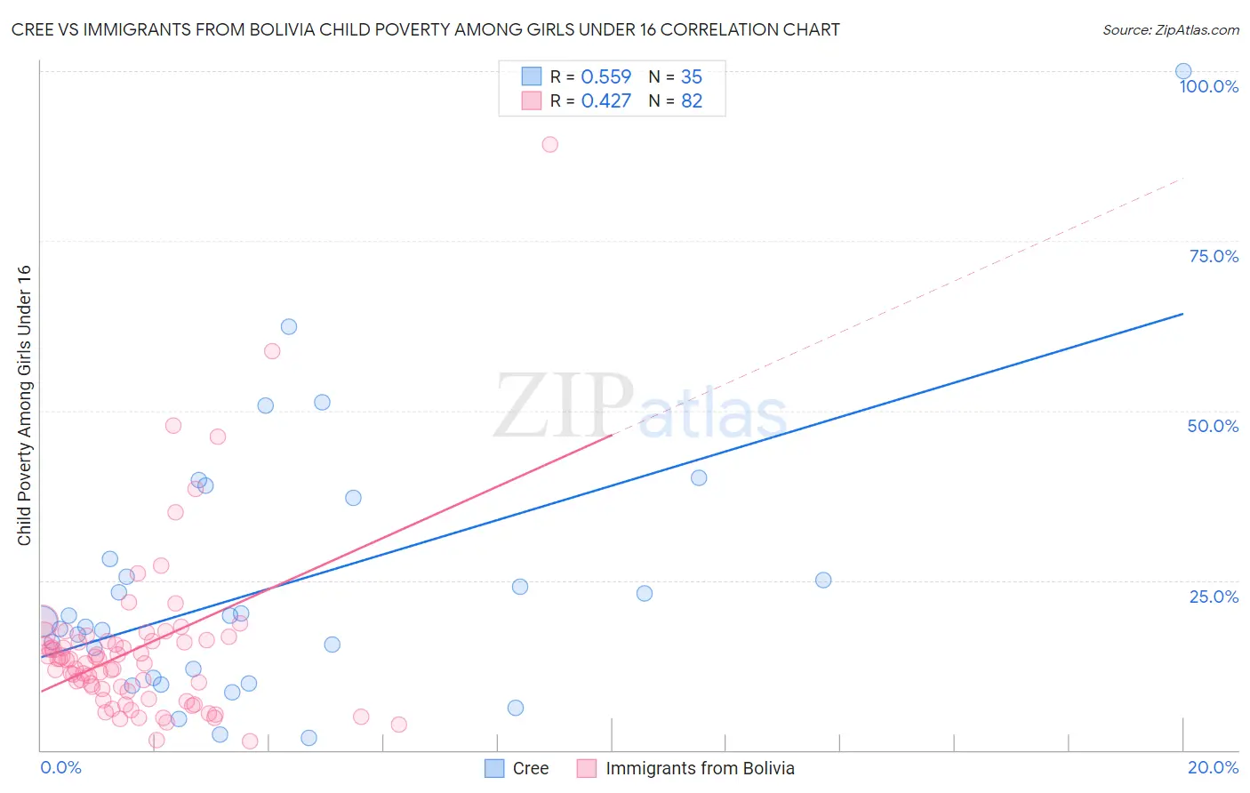 Cree vs Immigrants from Bolivia Child Poverty Among Girls Under 16