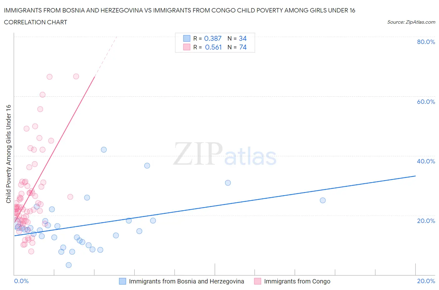 Immigrants from Bosnia and Herzegovina vs Immigrants from Congo Child Poverty Among Girls Under 16