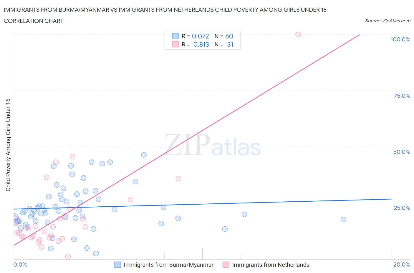 Immigrants from Burma/Myanmar vs Immigrants from Netherlands Child Poverty Among Girls Under 16