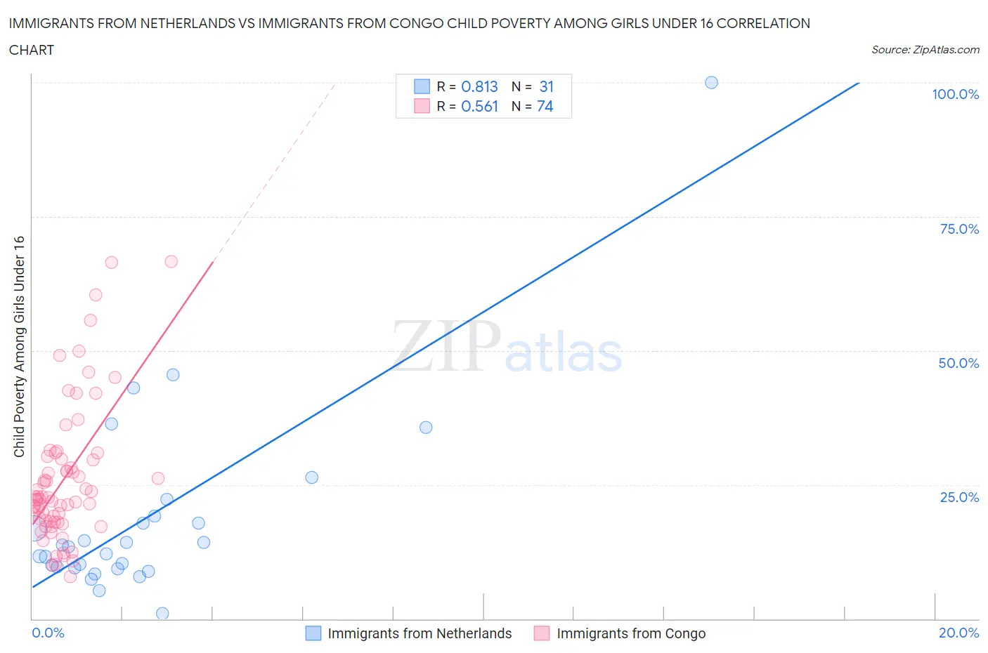 Immigrants from Netherlands vs Immigrants from Congo Child Poverty Among Girls Under 16