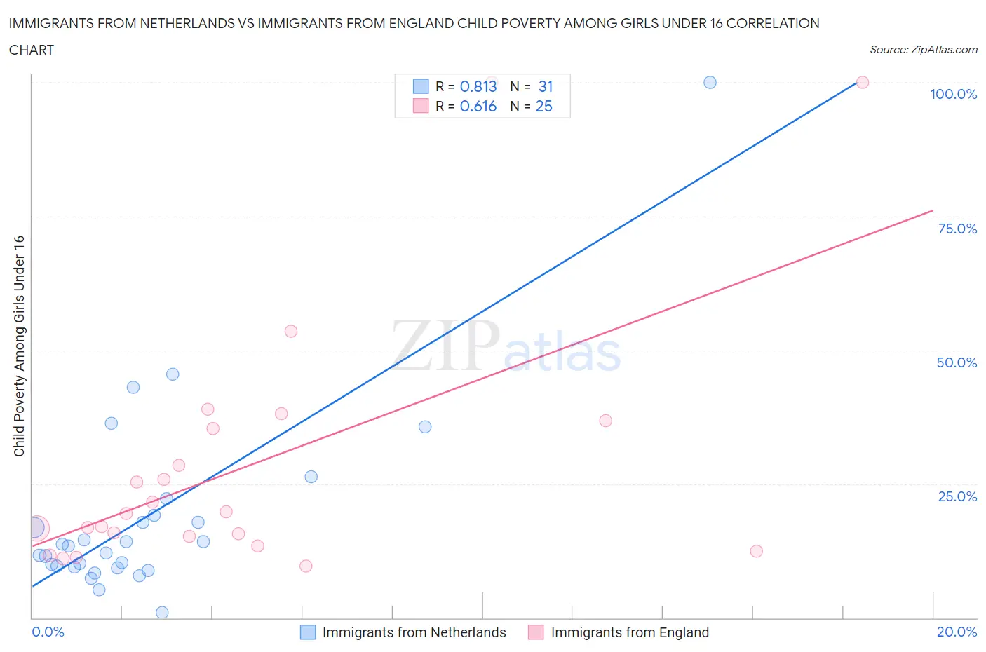 Immigrants from Netherlands vs Immigrants from England Child Poverty Among Girls Under 16