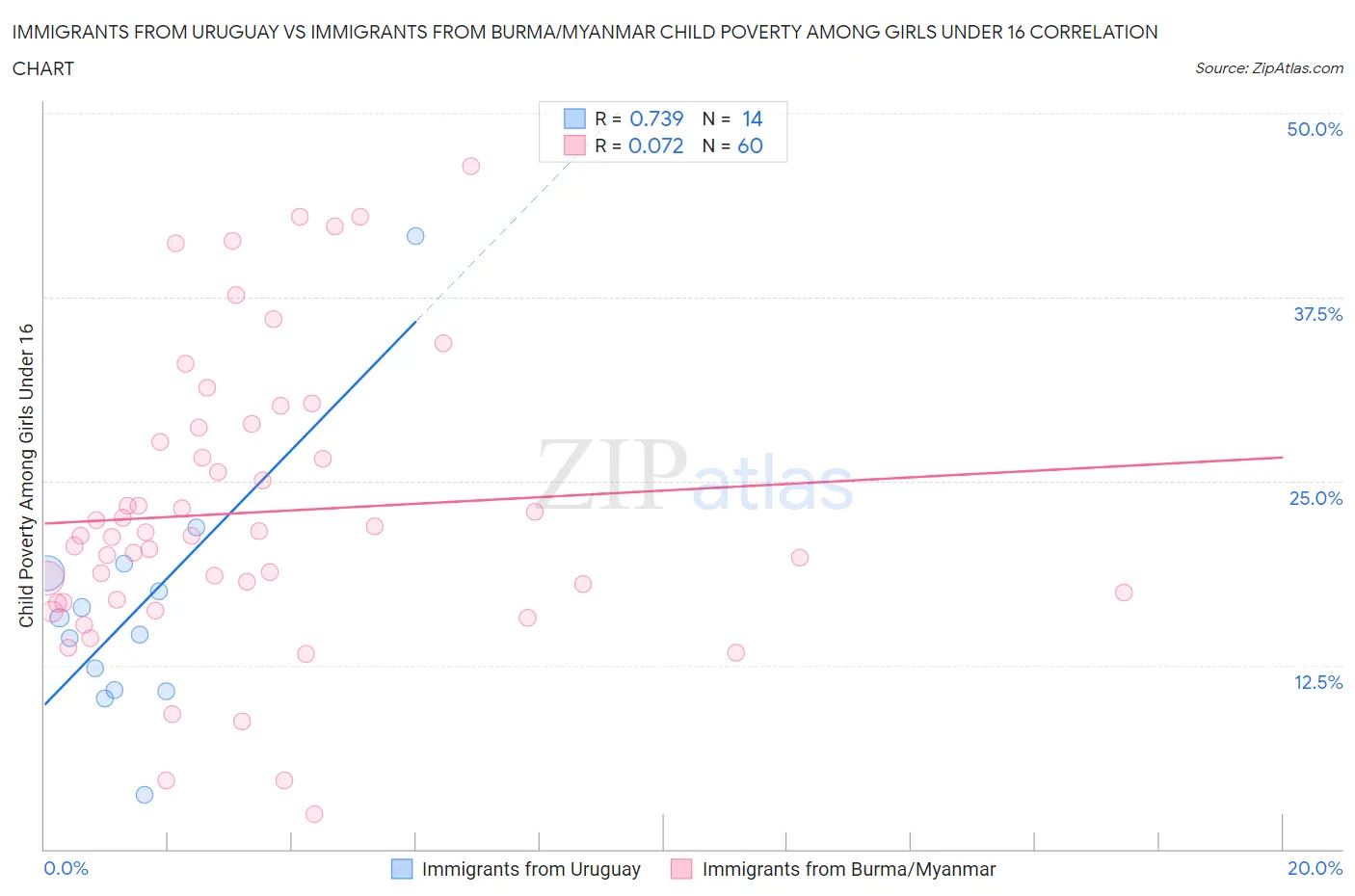 Immigrants from Uruguay vs Immigrants from Burma/Myanmar Child Poverty Among Girls Under 16