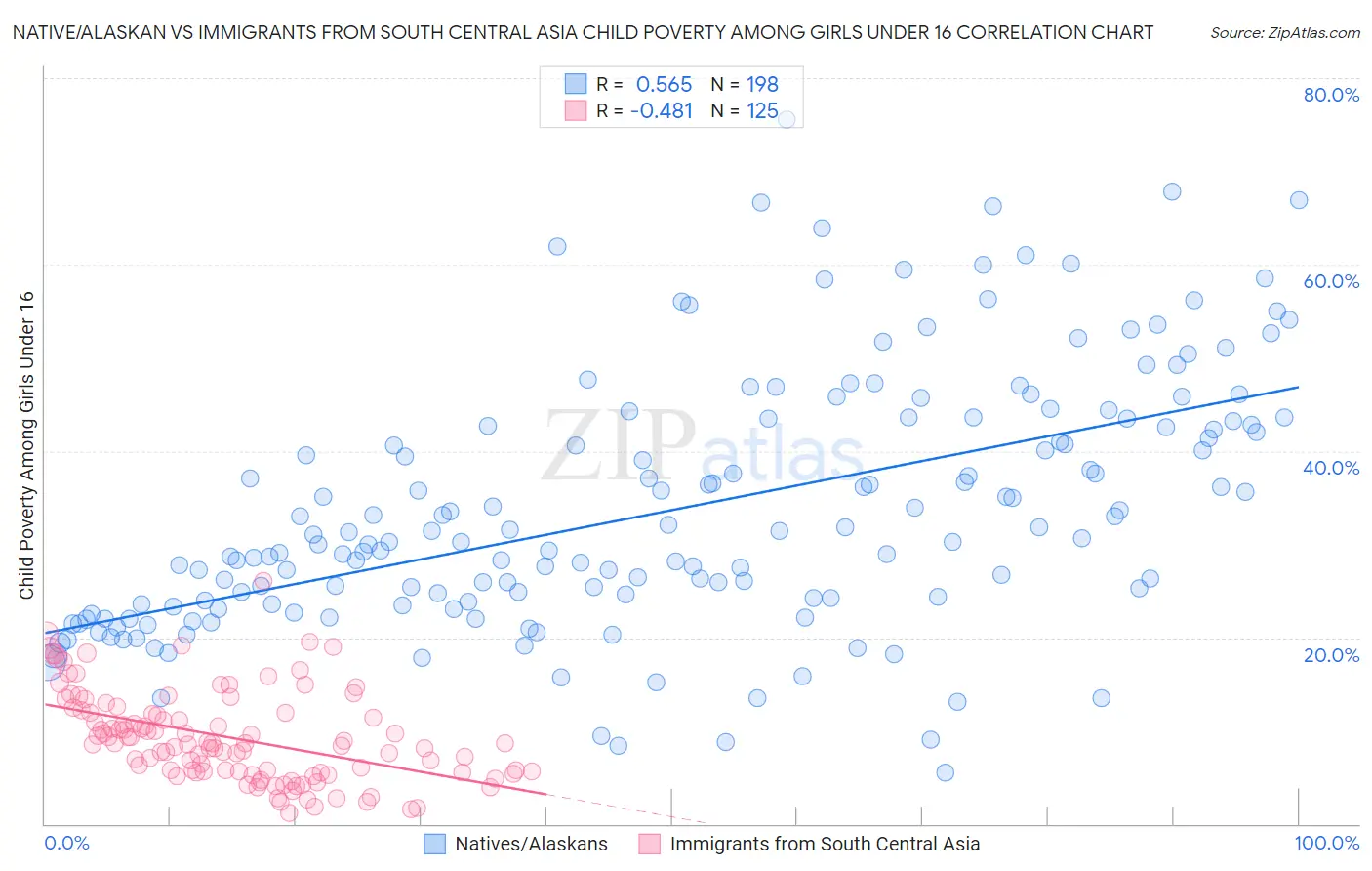 Native/Alaskan vs Immigrants from South Central Asia Child Poverty Among Girls Under 16