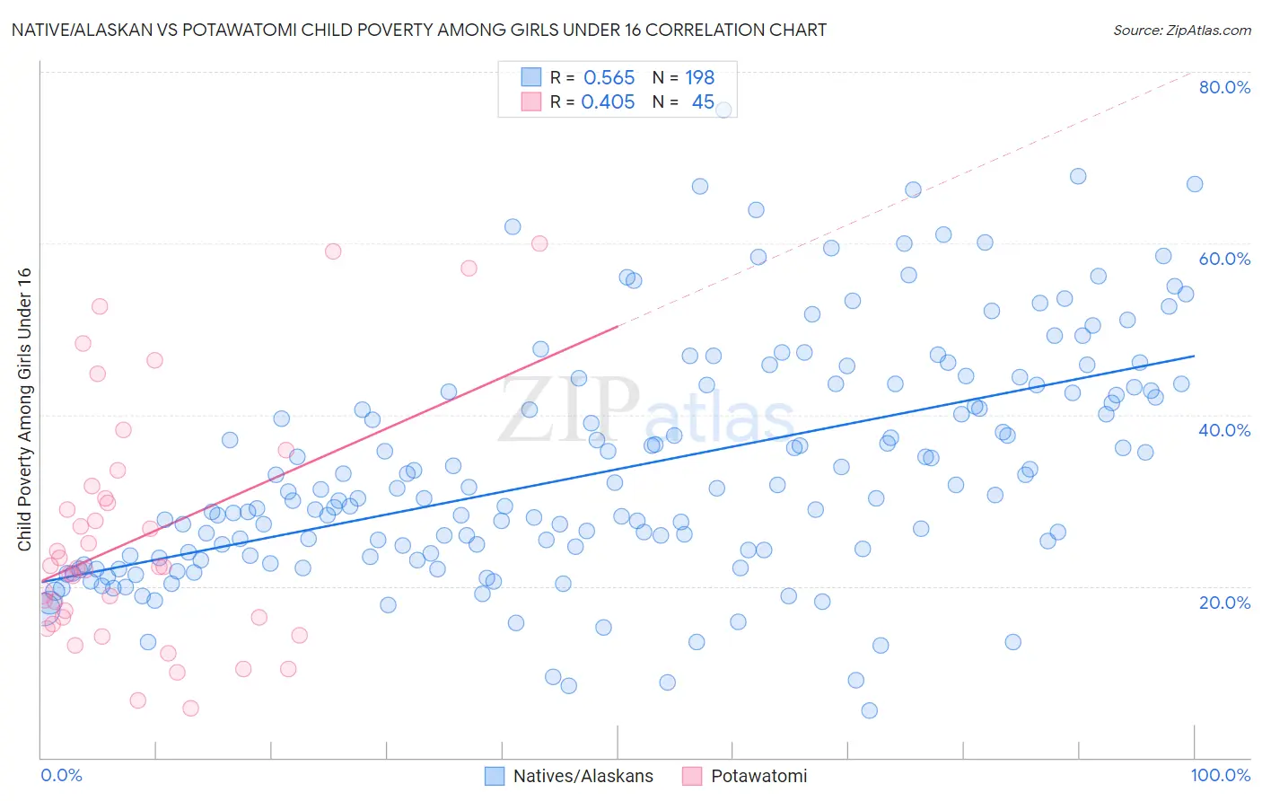 Native/Alaskan vs Potawatomi Child Poverty Among Girls Under 16