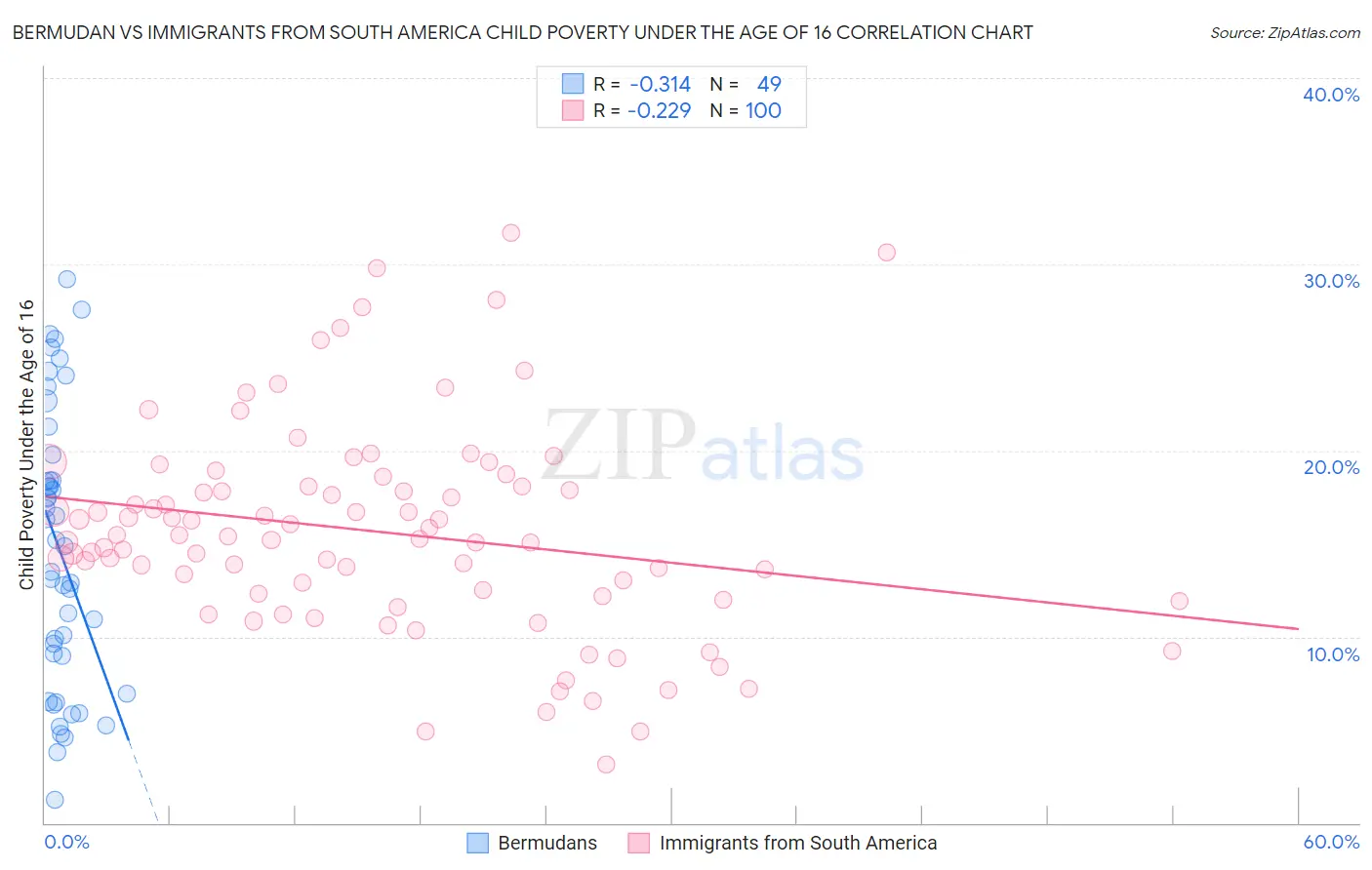 Bermudan vs Immigrants from South America Child Poverty Under the Age of 16