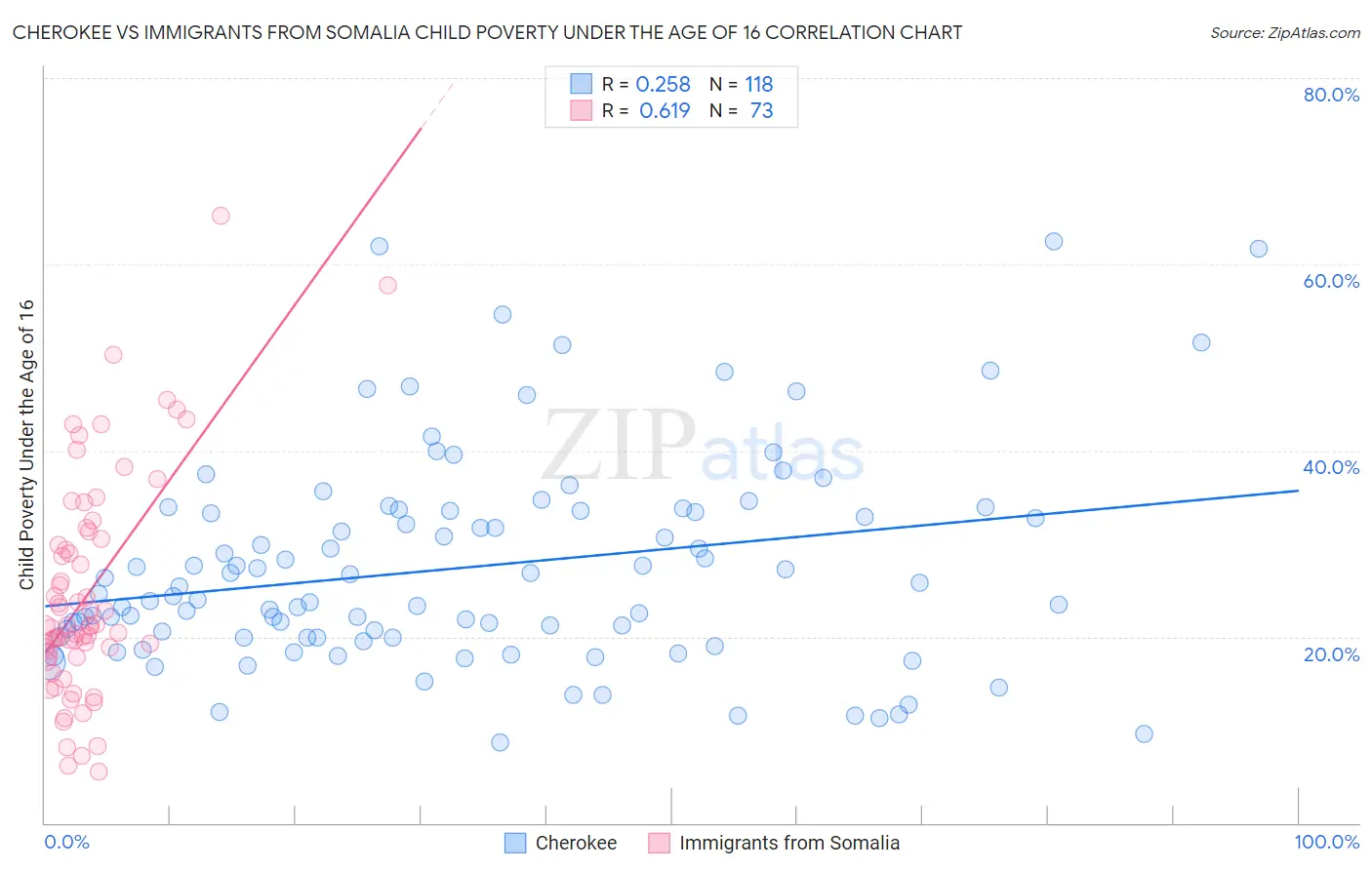 Cherokee vs Immigrants from Somalia Child Poverty Under the Age of 16