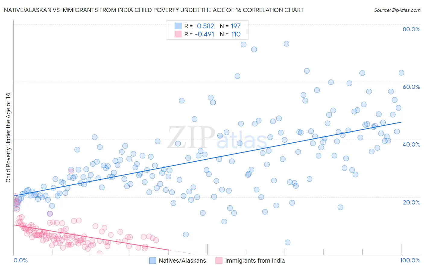 Native/Alaskan vs Immigrants from India Child Poverty Under the Age of 16