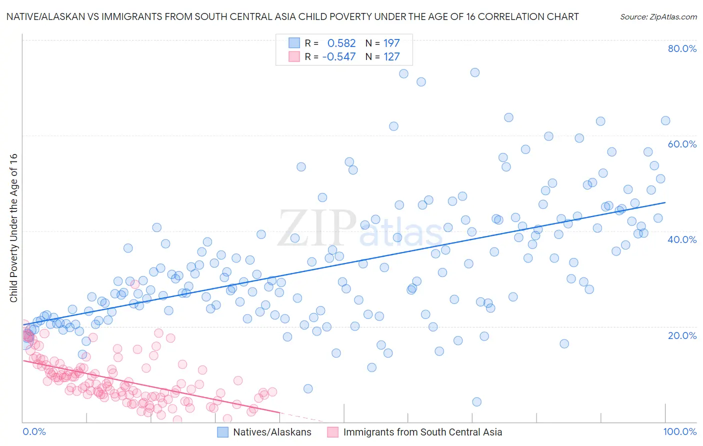 Native/Alaskan vs Immigrants from South Central Asia Child Poverty Under the Age of 16