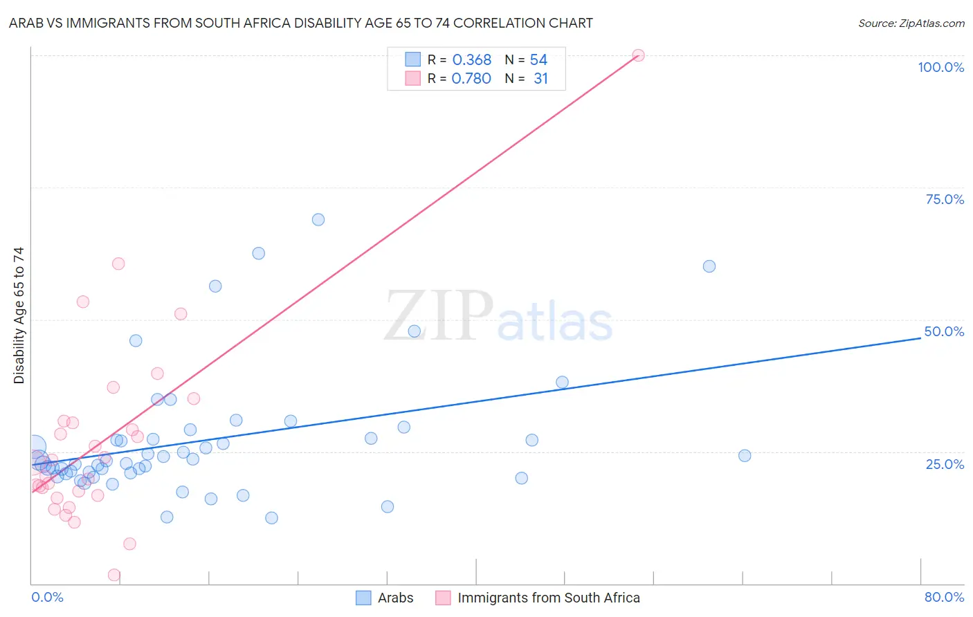 Arab vs Immigrants from South Africa Disability Age 65 to 74