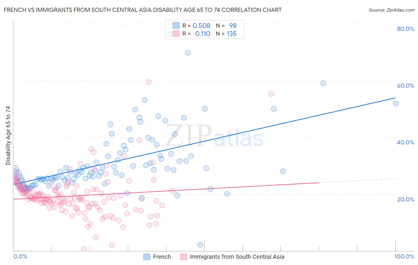 French vs Immigrants from South Central Asia Disability Age 65 to 74