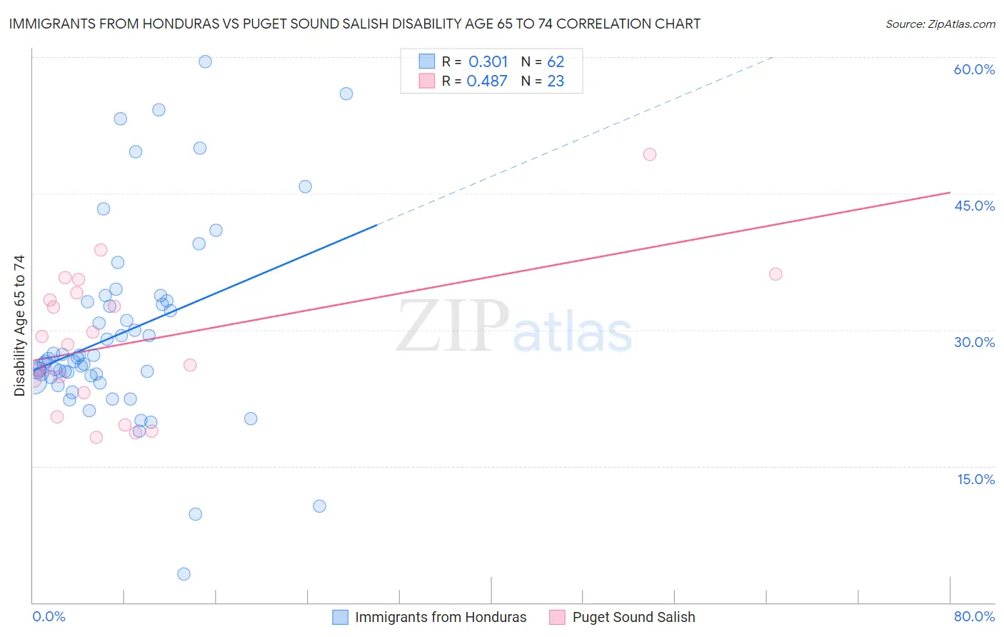 Immigrants from Honduras vs Puget Sound Salish Disability Age 65 to 74