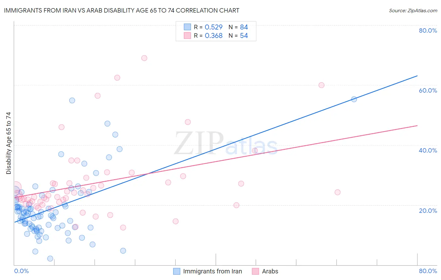 Immigrants from Iran vs Arab Disability Age 65 to 74