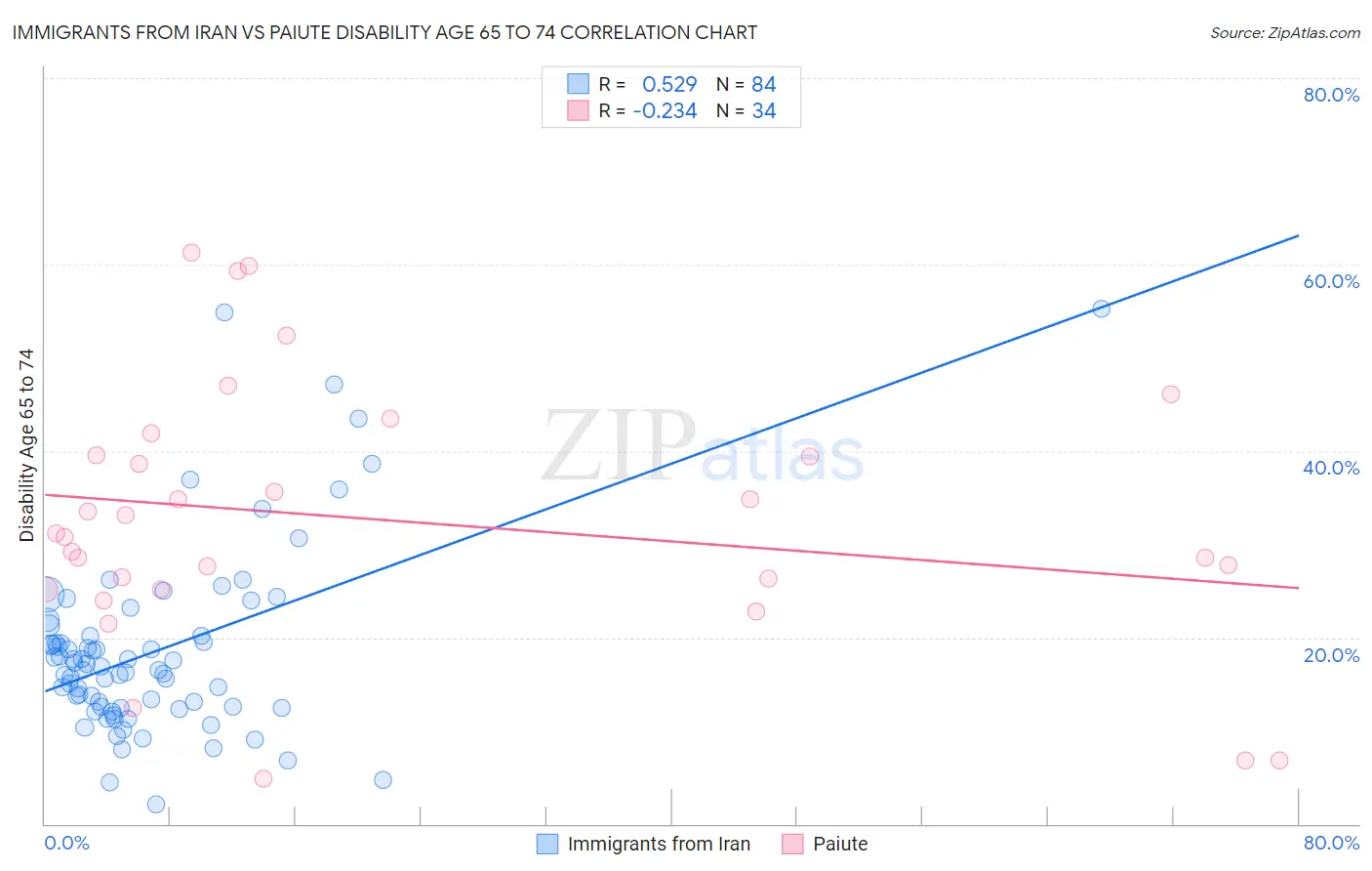 Immigrants from Iran vs Paiute Disability Age 65 to 74