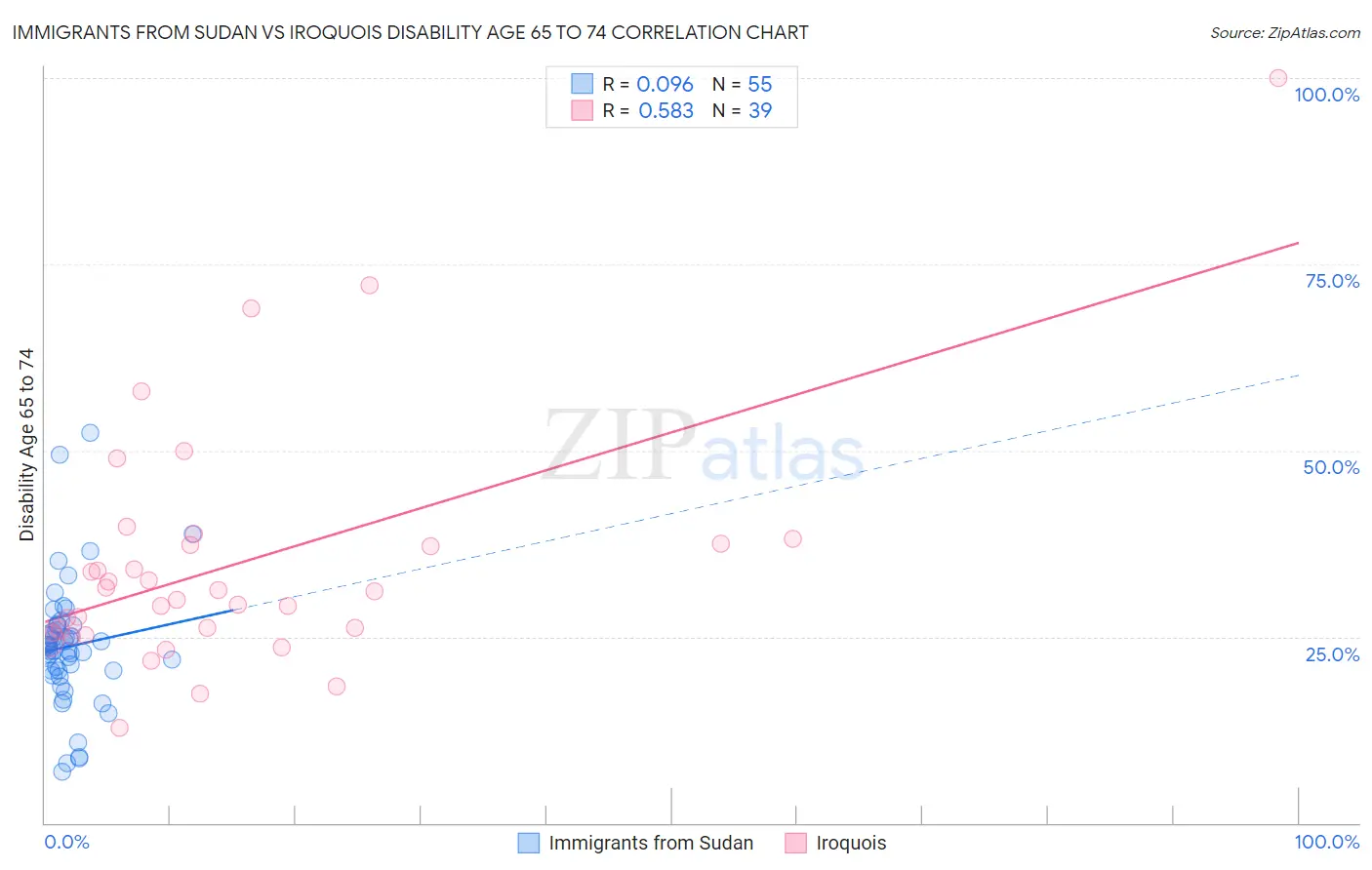 Immigrants from Sudan vs Iroquois Disability Age 65 to 74