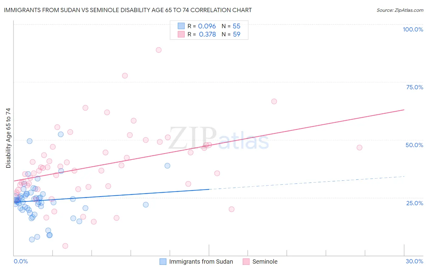 Immigrants from Sudan vs Seminole Disability Age 65 to 74