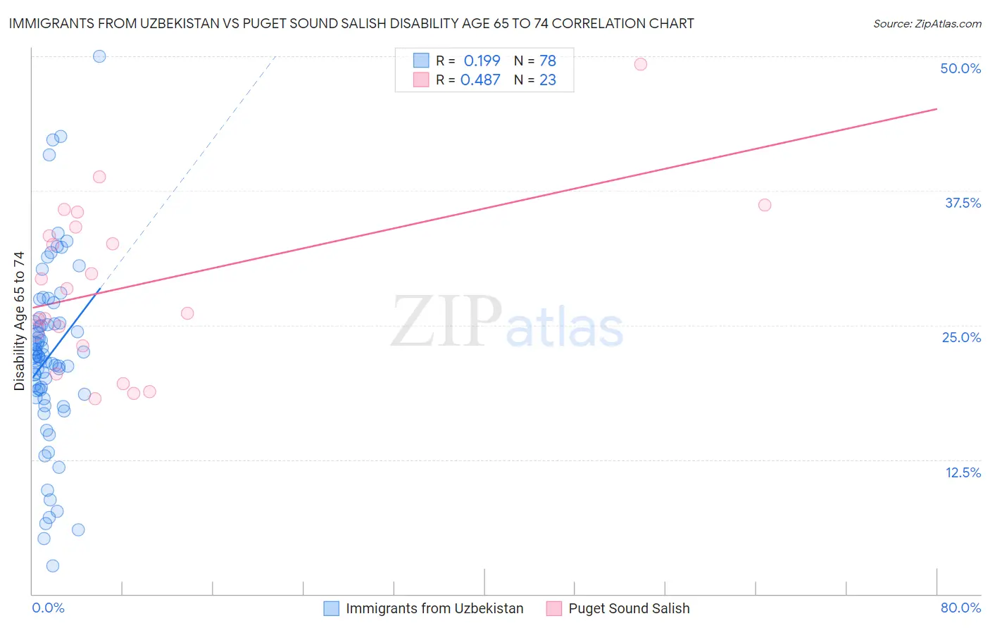 Immigrants from Uzbekistan vs Puget Sound Salish Disability Age 65 to 74