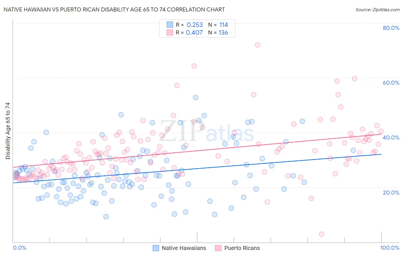 Native Hawaiian vs Puerto Rican Disability Age 65 to 74