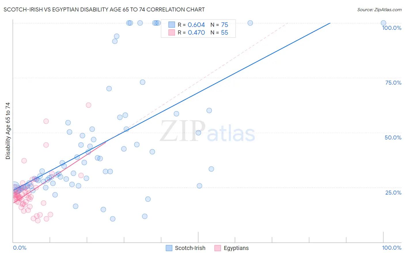 Scotch-Irish vs Egyptian Disability Age 65 to 74