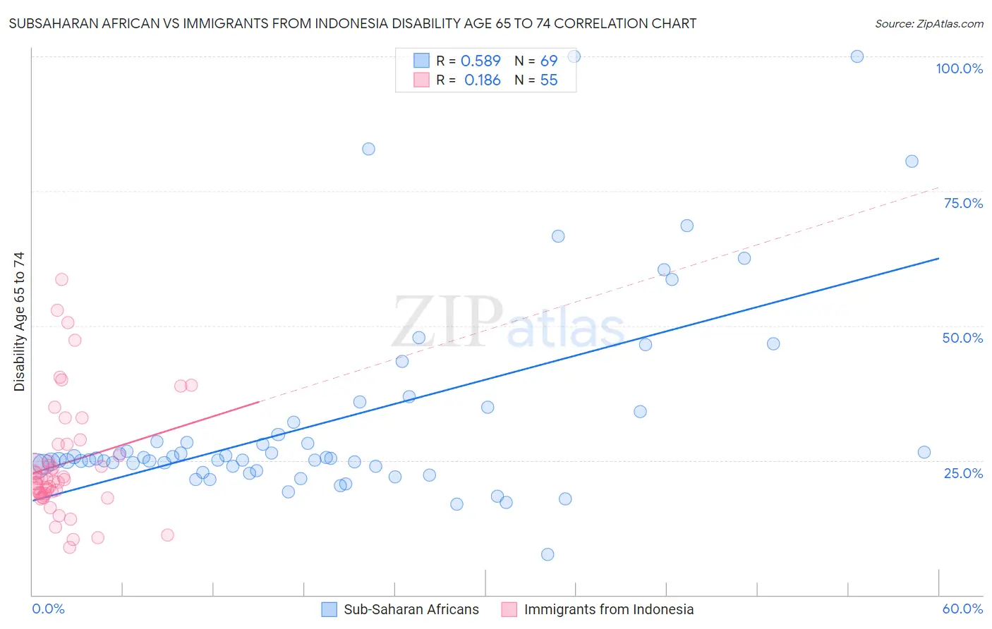 Subsaharan African vs Immigrants from Indonesia Disability Age 65 to 74