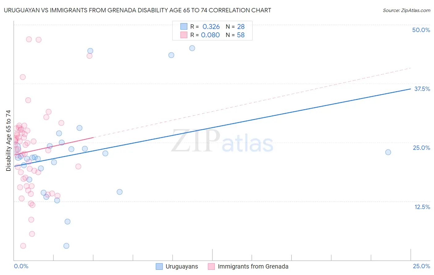 Uruguayan vs Immigrants from Grenada Disability Age 65 to 74