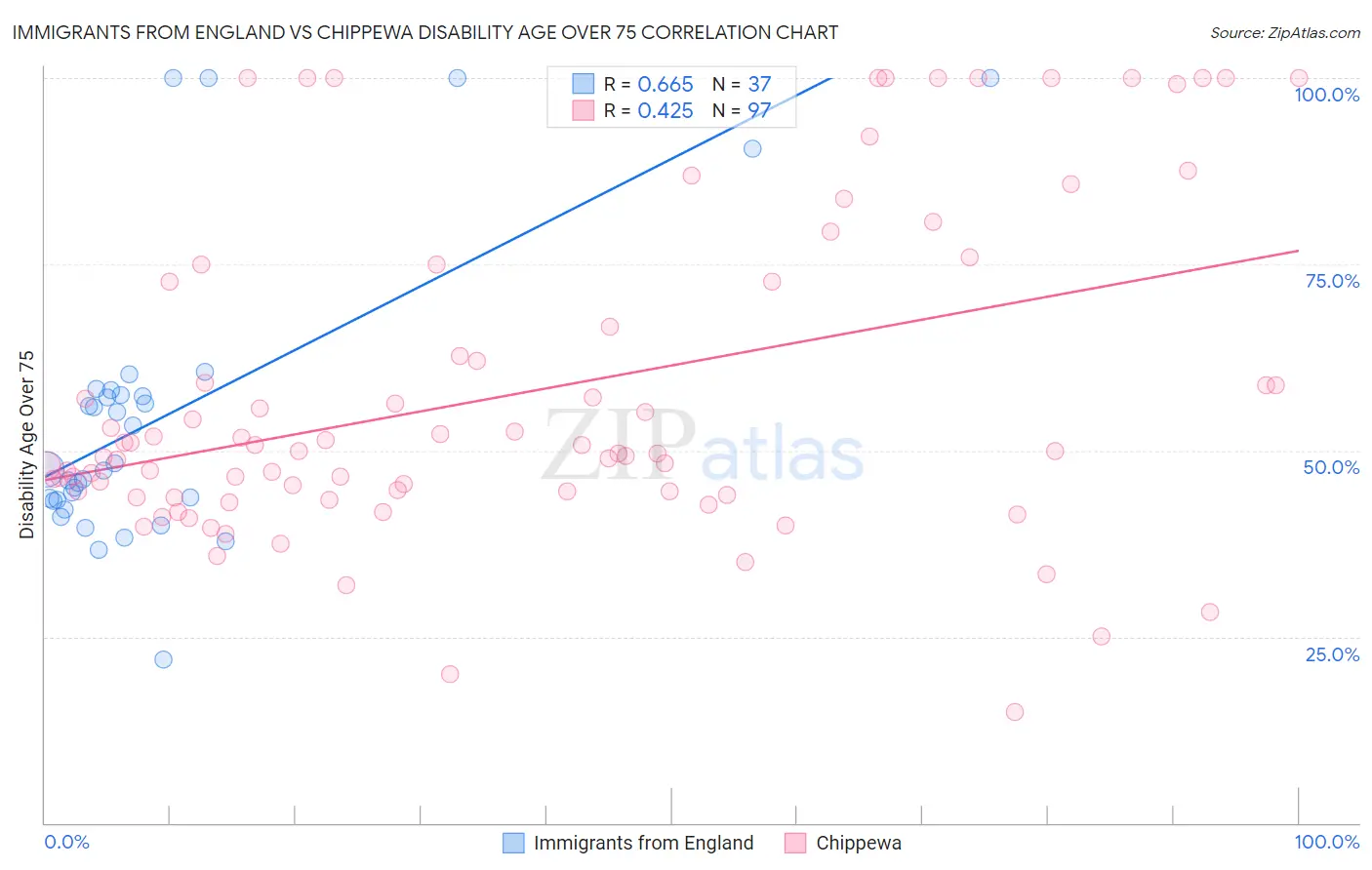 Immigrants from England vs Chippewa Disability Age Over 75