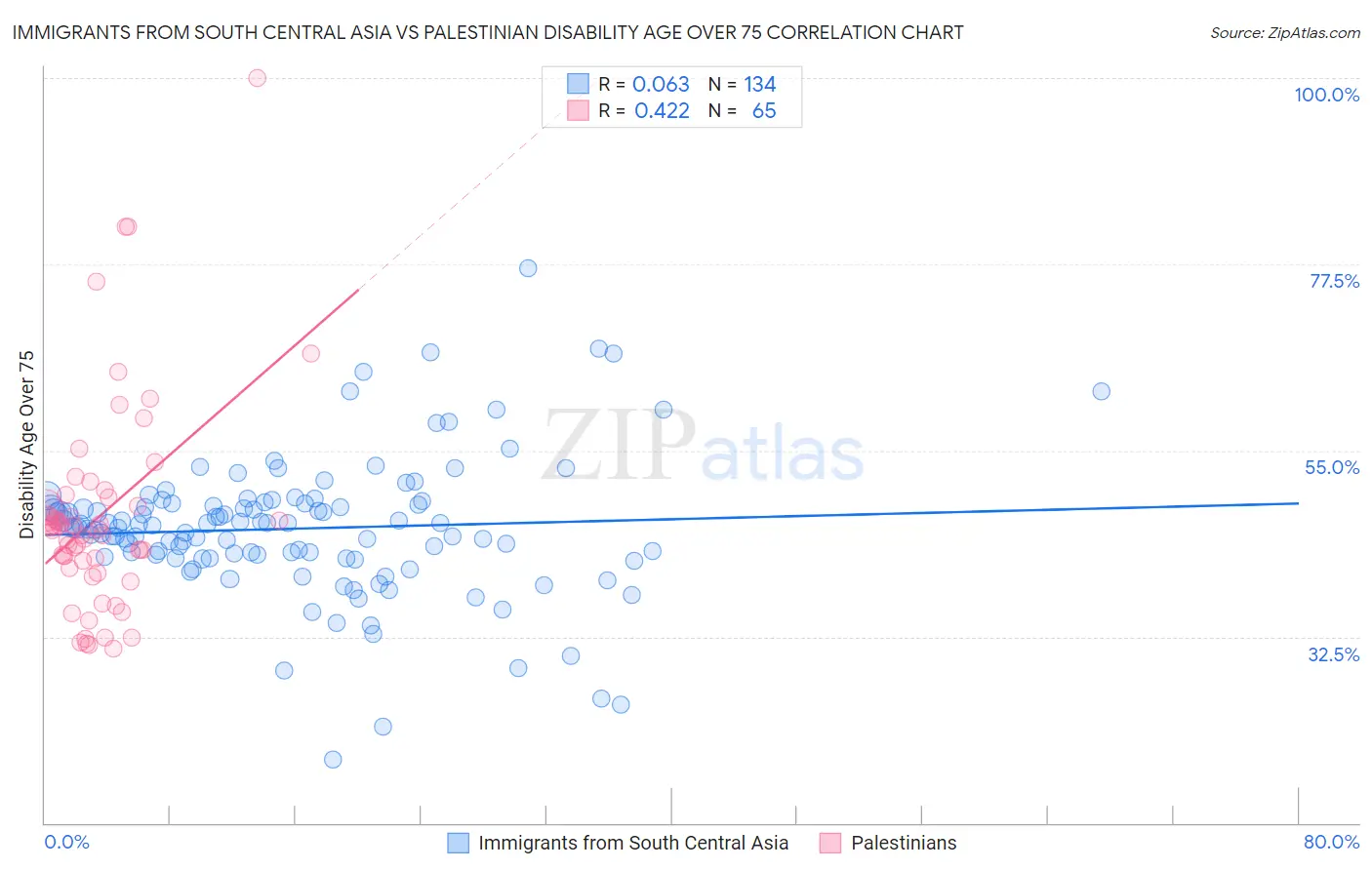 Immigrants from South Central Asia vs Palestinian Disability Age Over 75