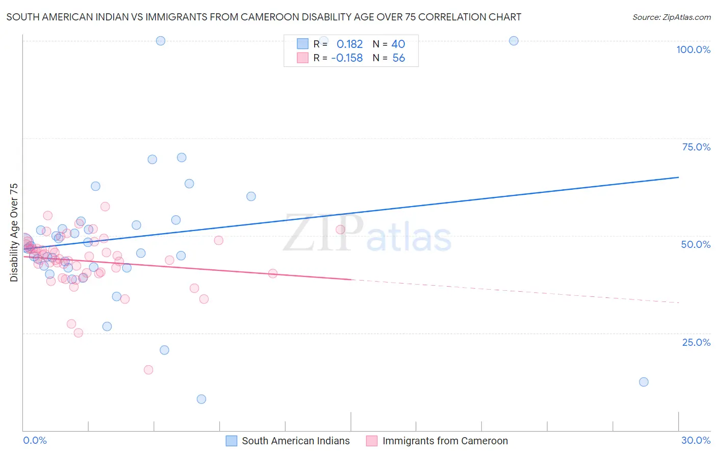 South American Indian vs Immigrants from Cameroon Disability Age Over 75