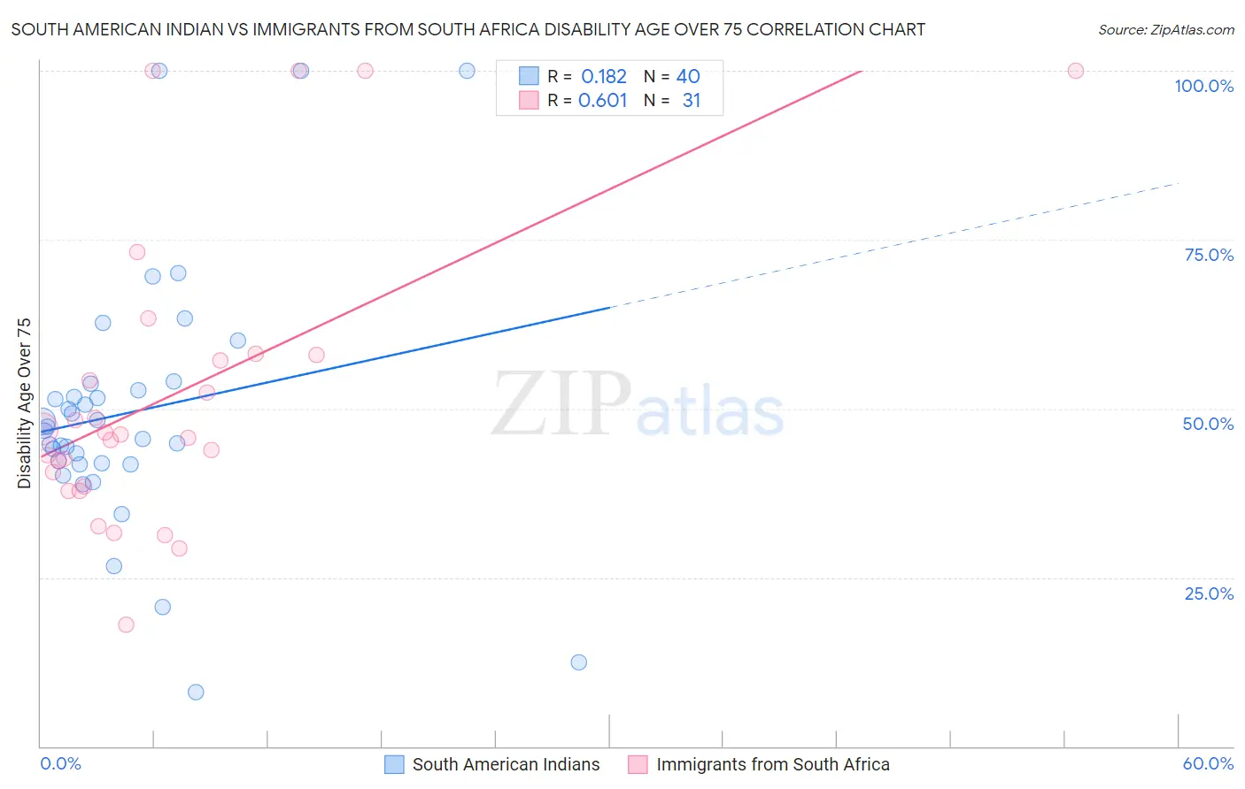 South American Indian vs Immigrants from South Africa Disability Age Over 75