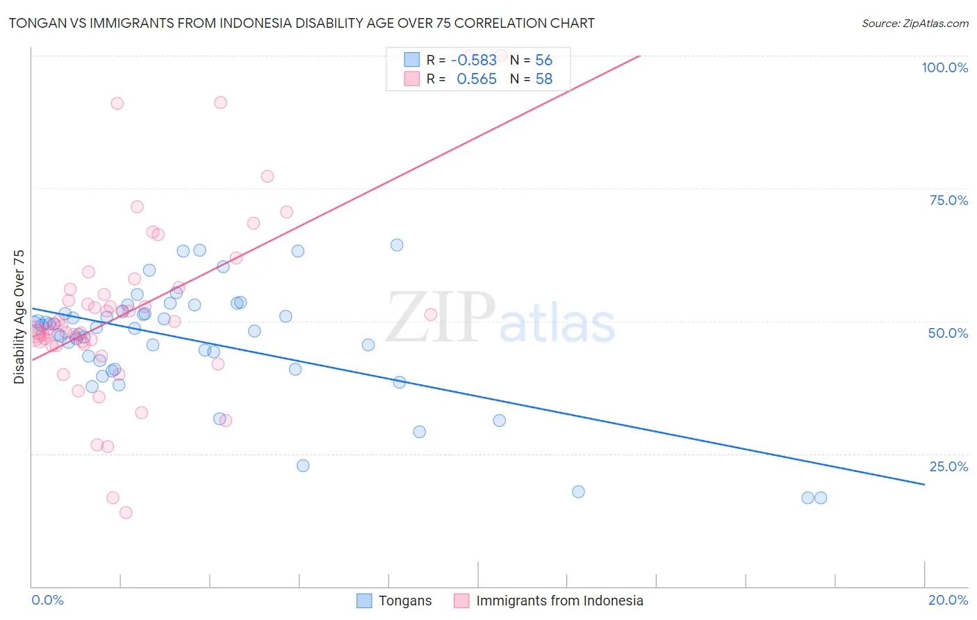 Tongan vs Immigrants from Indonesia Disability Age Over 75