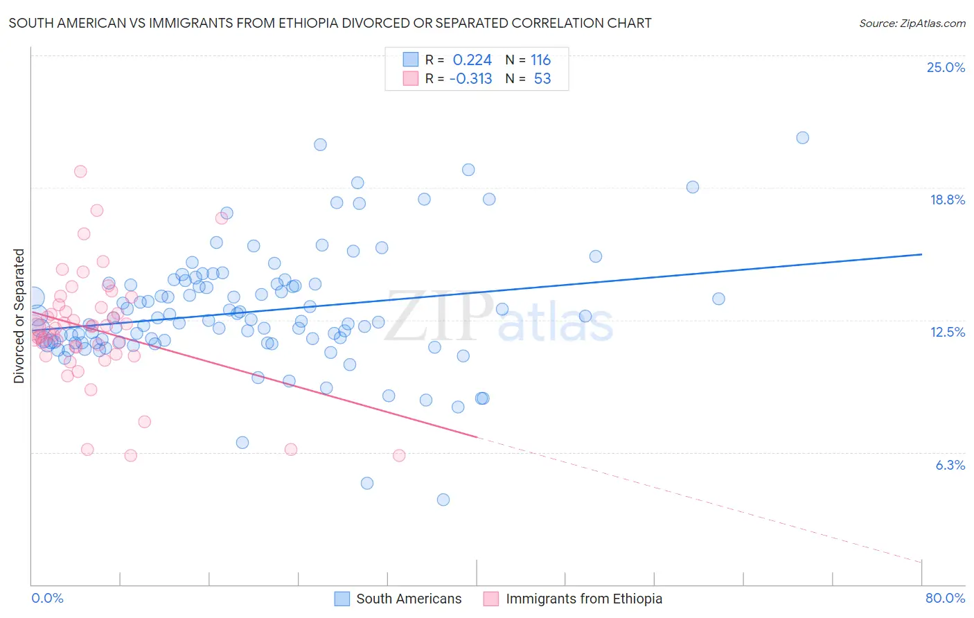 South American vs Immigrants from Ethiopia Divorced or Separated