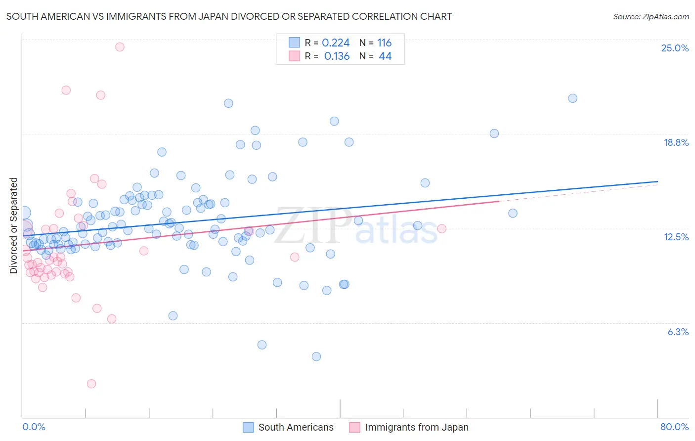 South American vs Immigrants from Japan Divorced or Separated