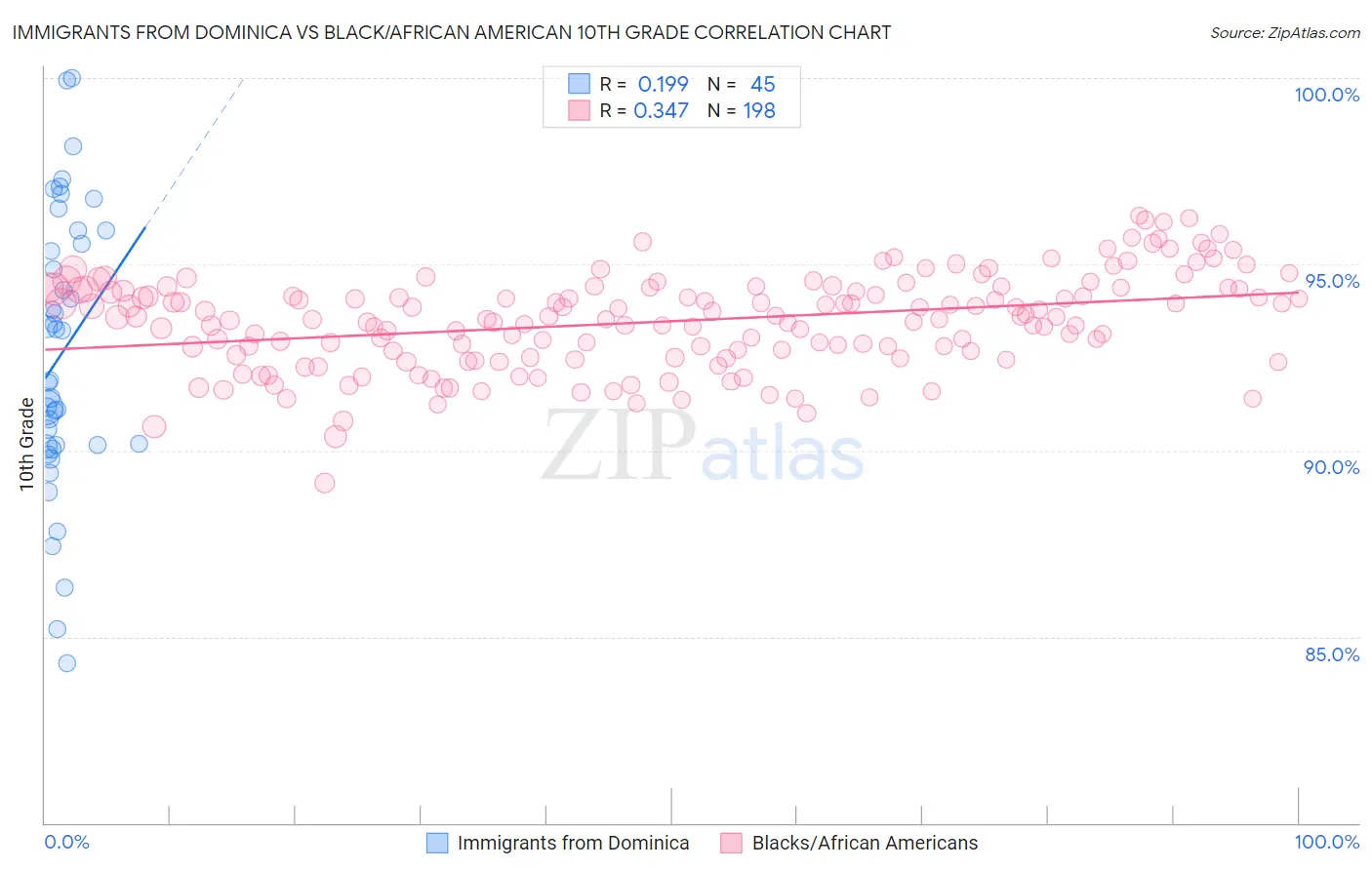 Immigrants from Dominica vs Black/African American 10th Grade
