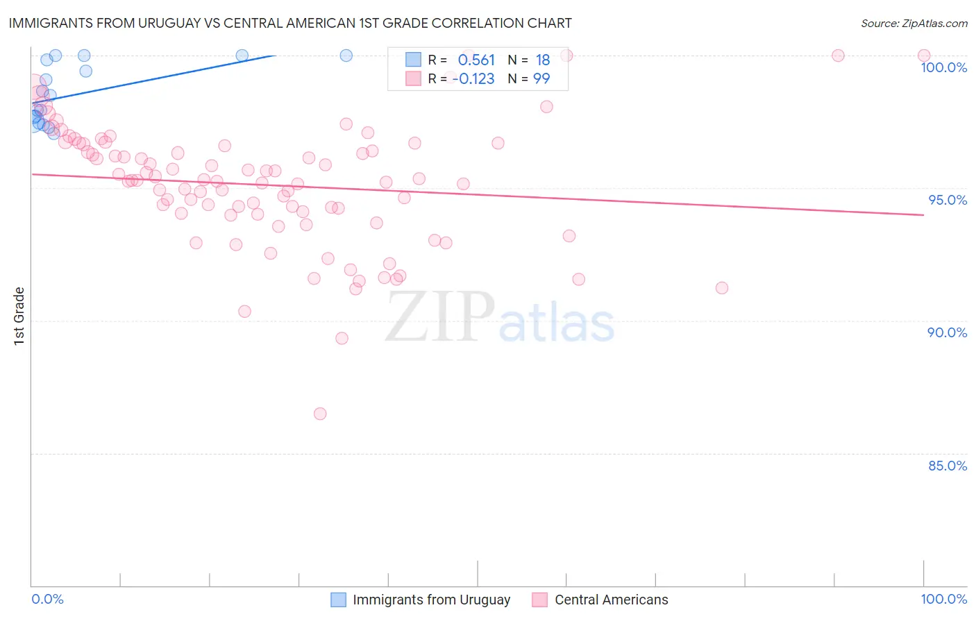 Immigrants from Uruguay vs Central American 1st Grade