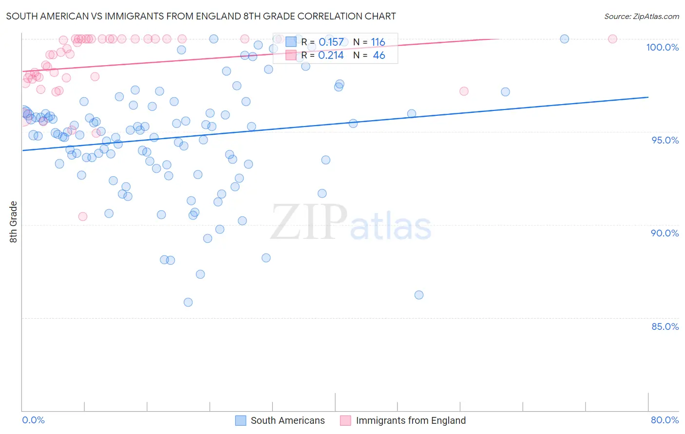 South American vs Immigrants from England 8th Grade