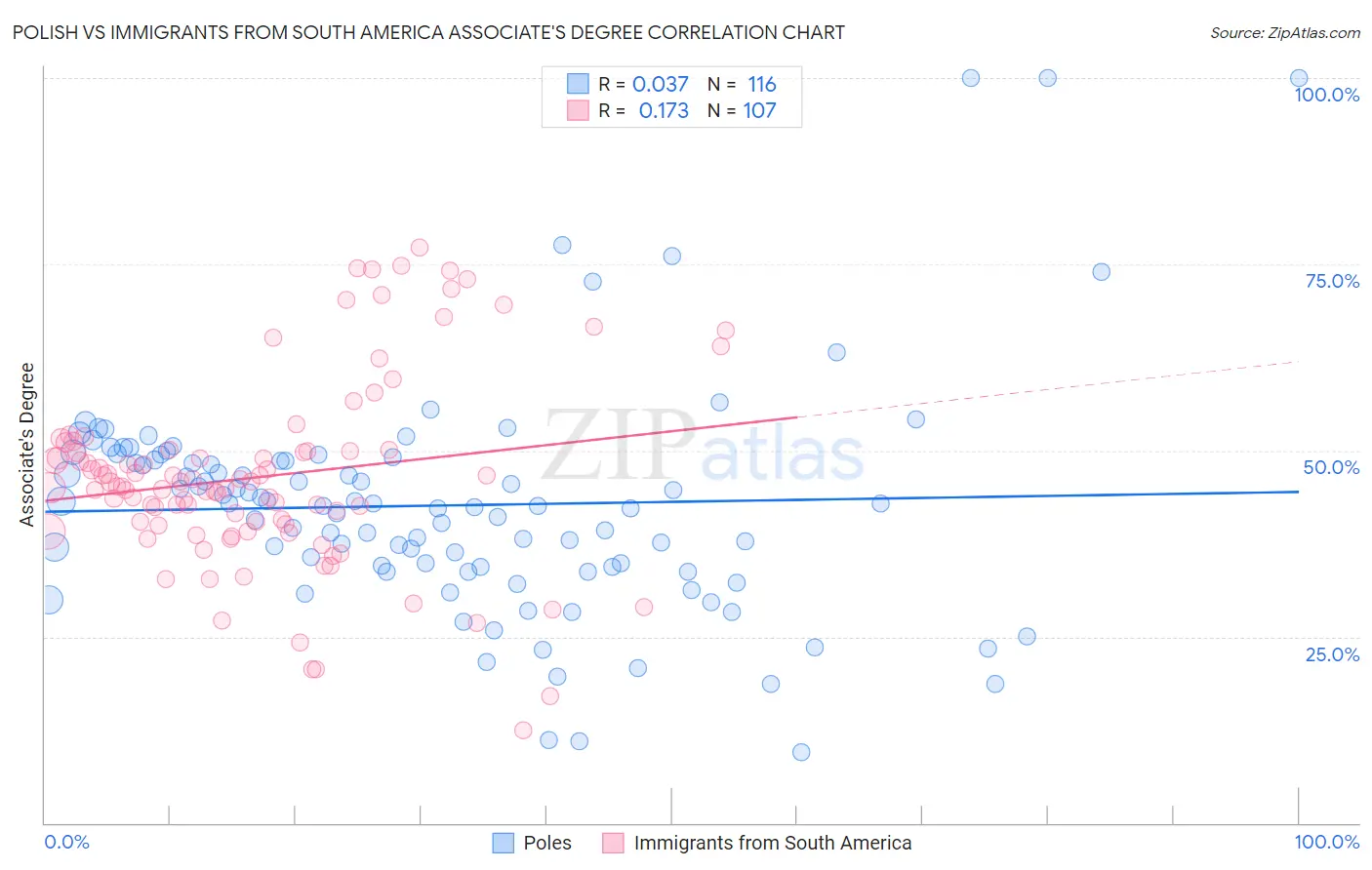 Polish vs Immigrants from South America Associate's Degree