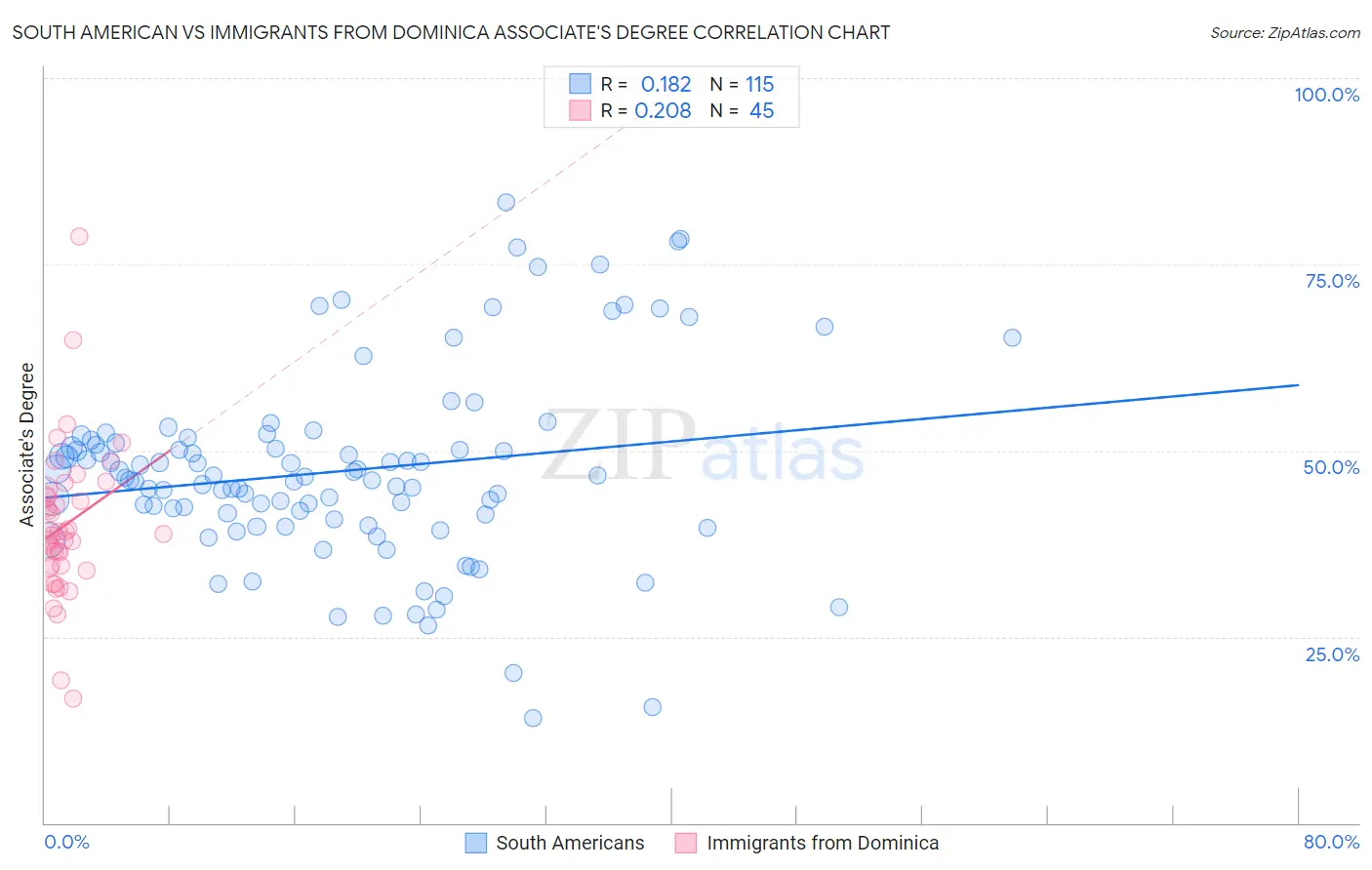 South American vs Immigrants from Dominica Associate's Degree