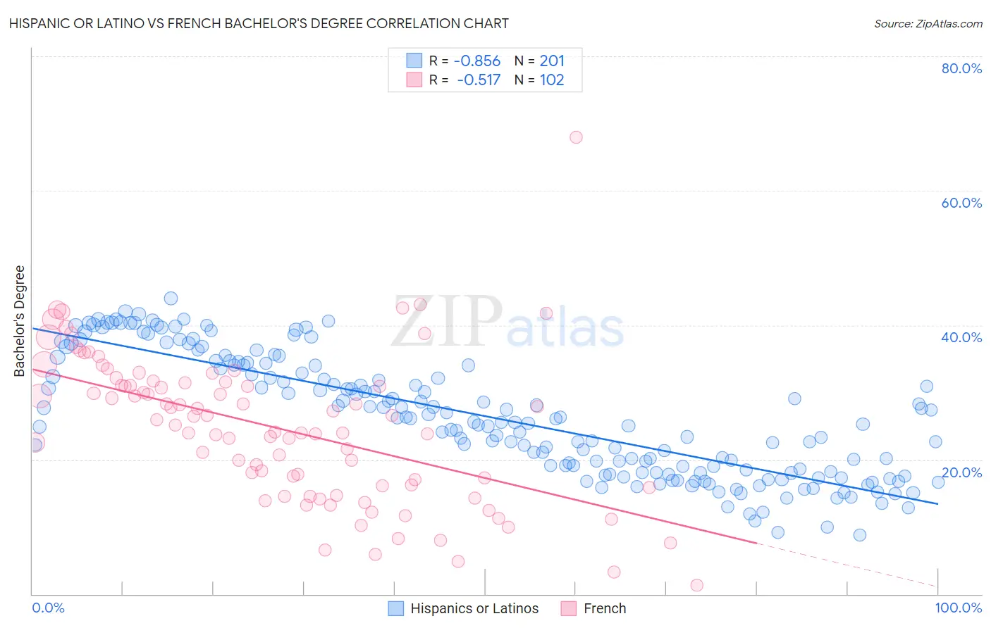 Hispanic or Latino vs French Bachelor's Degree
