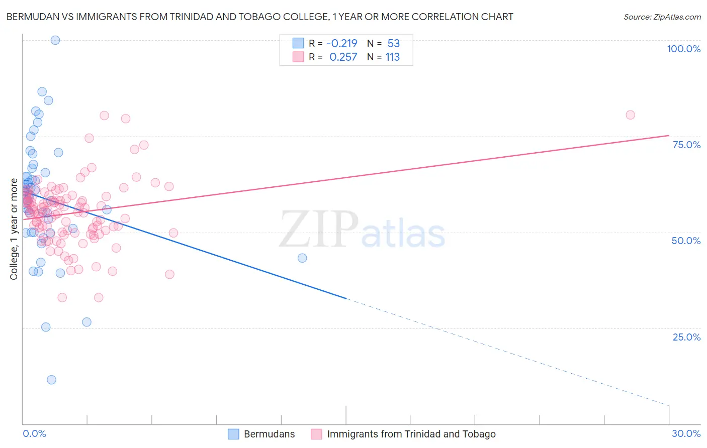 Bermudan vs Immigrants from Trinidad and Tobago College, 1 year or more