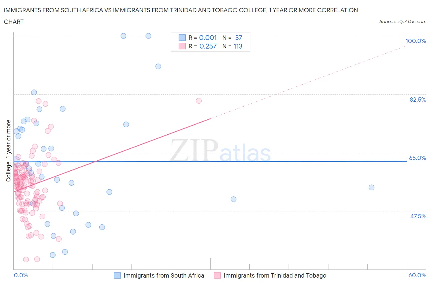 Immigrants from South Africa vs Immigrants from Trinidad and Tobago College, 1 year or more