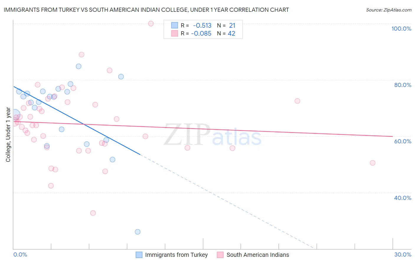 Immigrants from Turkey vs South American Indian College, Under 1 year