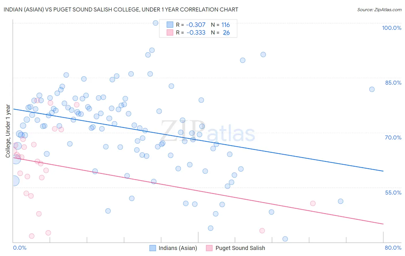 Indian (Asian) vs Puget Sound Salish College, Under 1 year