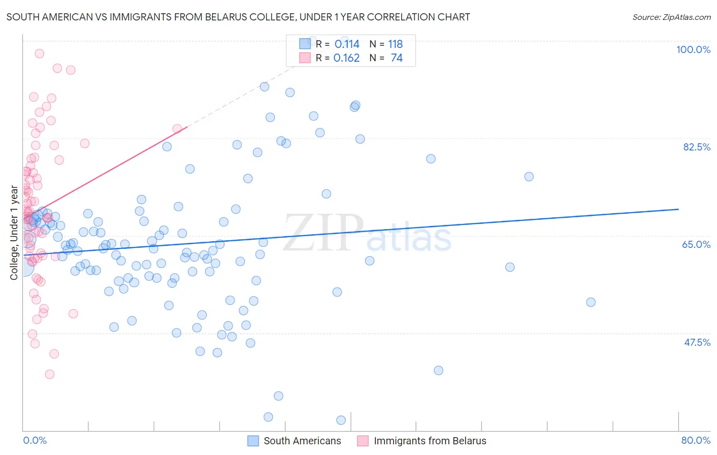 South American vs Immigrants from Belarus College, Under 1 year