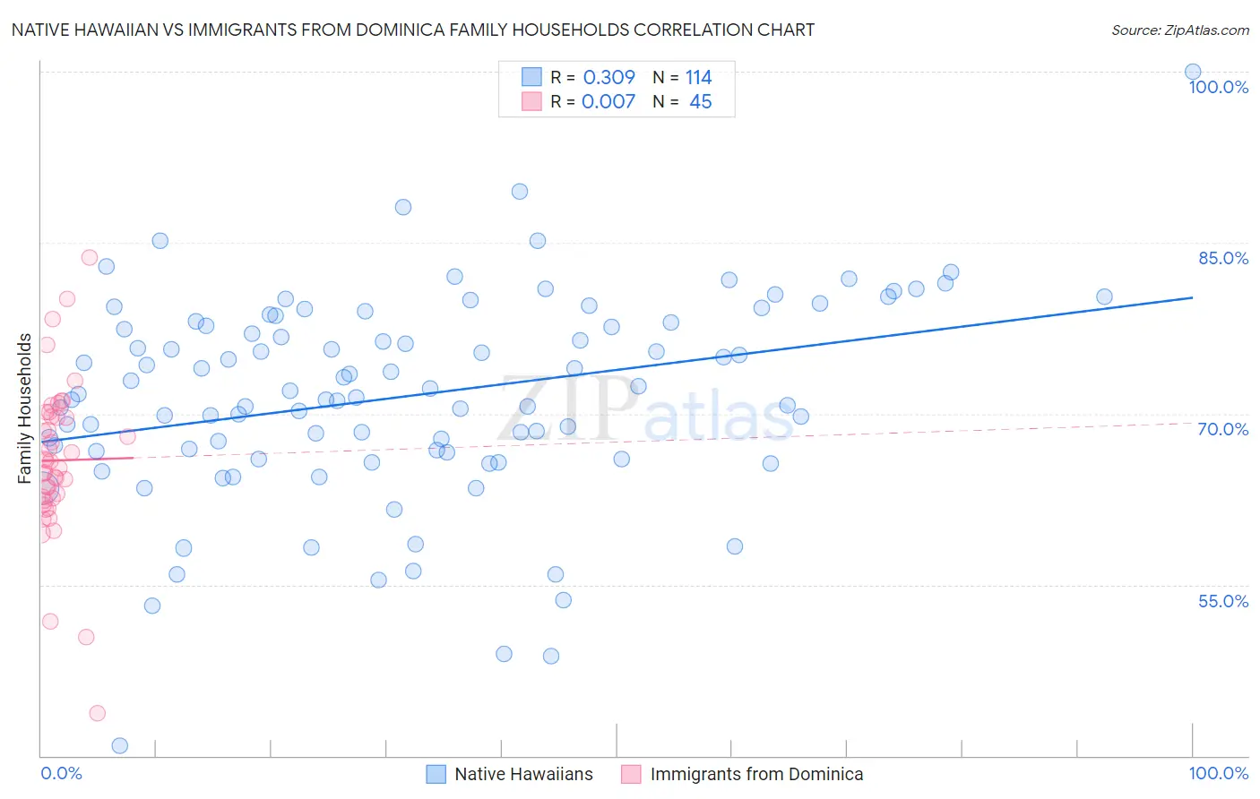 Native Hawaiian vs Immigrants from Dominica Family Households