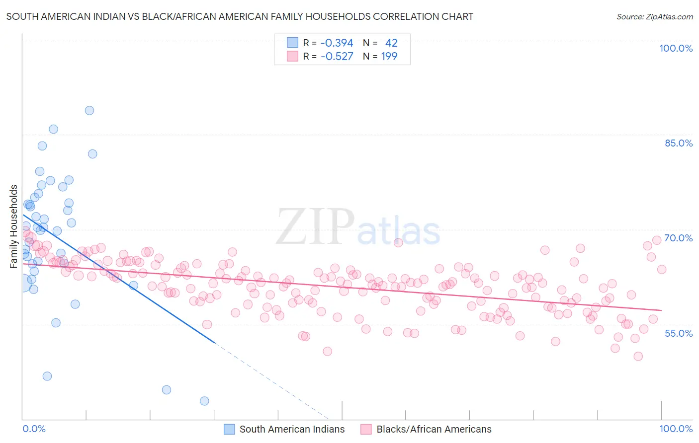 South American Indian vs Black/African American Family Households