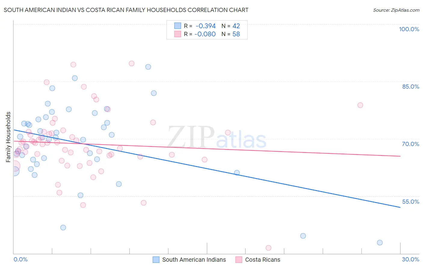 South American Indian vs Costa Rican Family Households